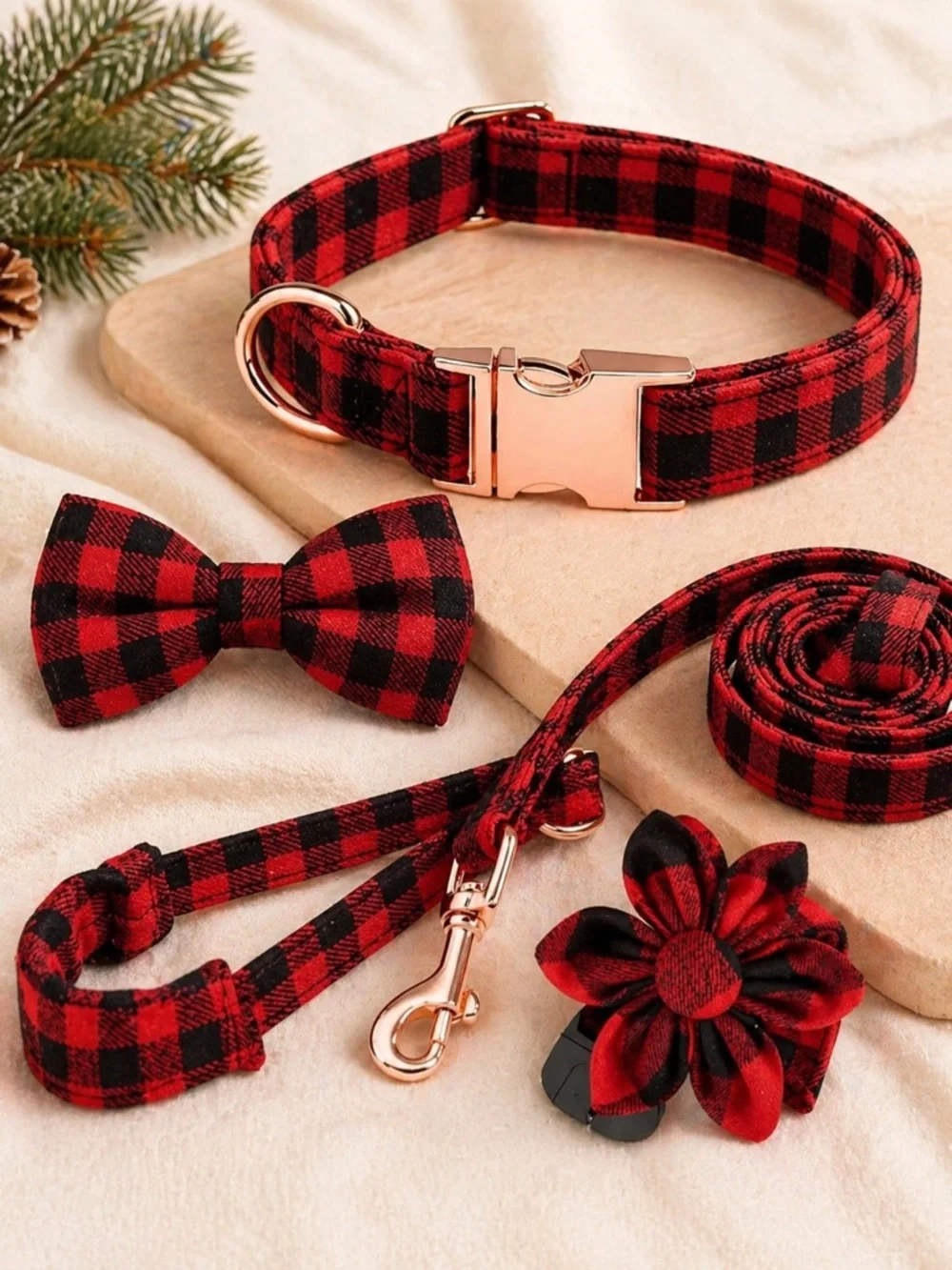 Buffalo Plaid Dog Collar Leash Set Medium Red Black 4 Piece NWT